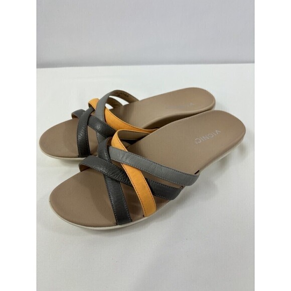 NWOB Vionic Dava Sandals Grey Orange 9 M Strappy Slip On Slides - Picture 11 of 11